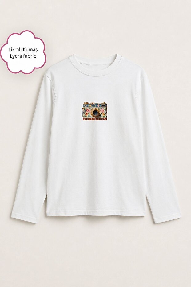 Women's Long Sleeve T-Shirt with Camera Print in White – Stretchy Fabric, Comfortable Fit, Crew Neck
