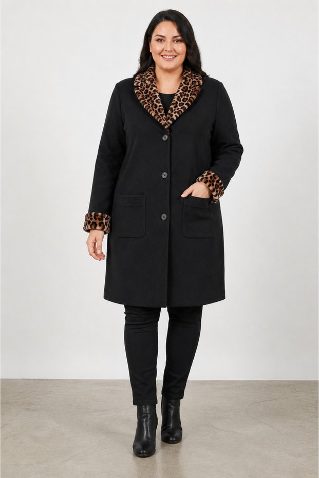 Women's Fur-Trimmed Steel Knit Black Coat