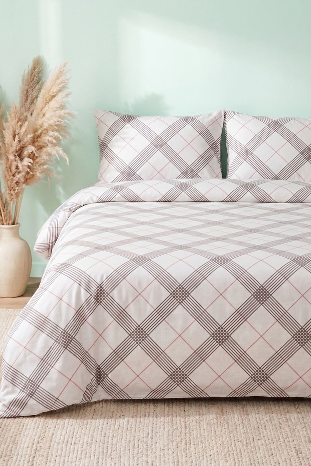 Grey Red 100% Cotton Ranforce Double Duvet Cover Set – 4 Pieces