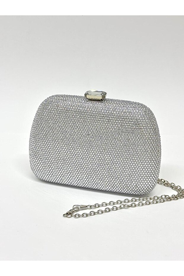 Women's Exclusive Luxury Stone Silver Evening Dress Clutch Chain Strap Hand Wedding Engagement Evening Bag