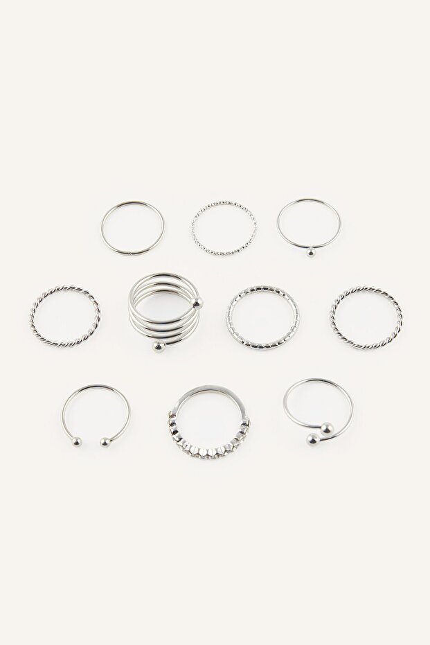 Women's 10-Piece Ring Set with Twist and Bead Detail I1362Axns