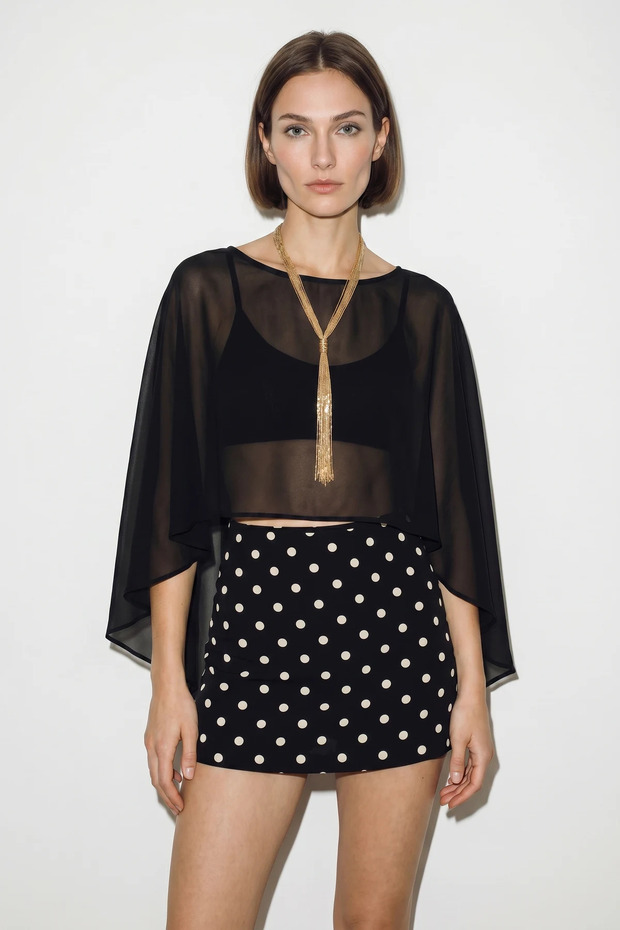 Women's Boat Neck Bat Sleeve Transparent Chiffon Black Blouse