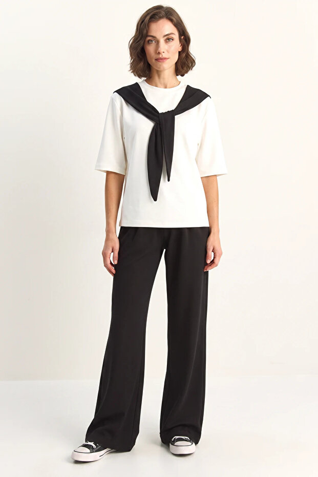 Women's Shawl Detailed Basic T-Shirt Elastic Waist Loose Pants Bottom Top Modal Black White Set