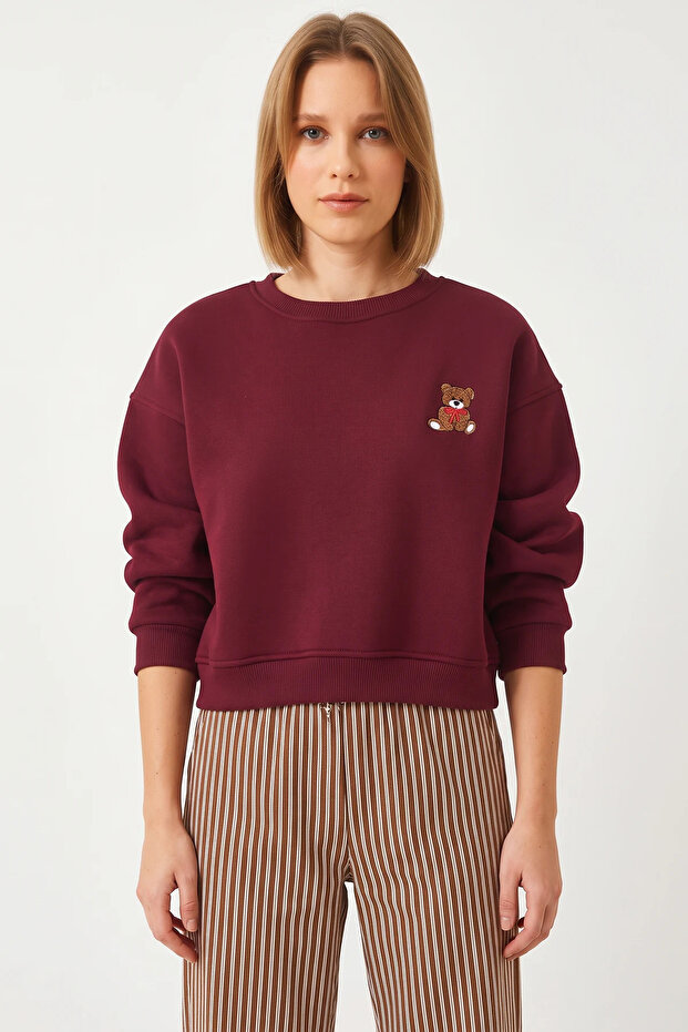 Women's Three-Thread Embroidered Teddy Bear Embroidered Burgundy Sweatshirt
