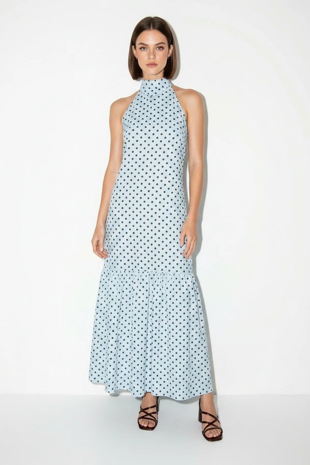 Women's Polka Dot Halter Neck Halter Dress with Ruffle Hem Long Blue Dress