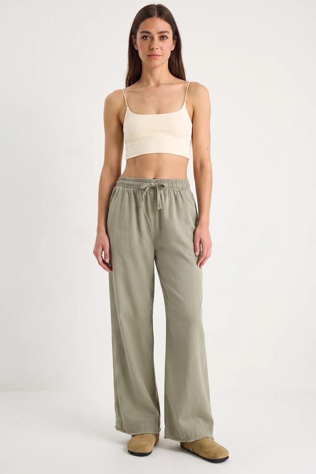 Women's Elastic Waist, Detailed Cuffs, Palazzo Style Cotton Mint Trousers