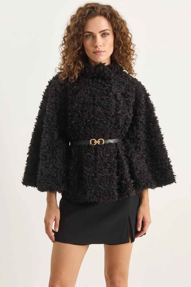 Women's Belt Detailed Soft Textured Plush Poncho Black