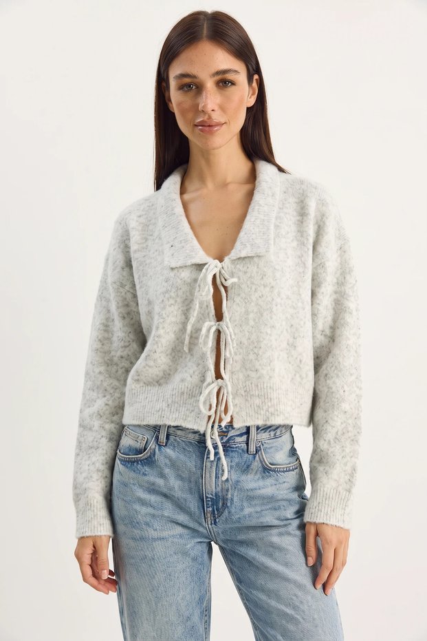 Women's Collared Knitwear with Tie Detail in Light Gray Cardigan