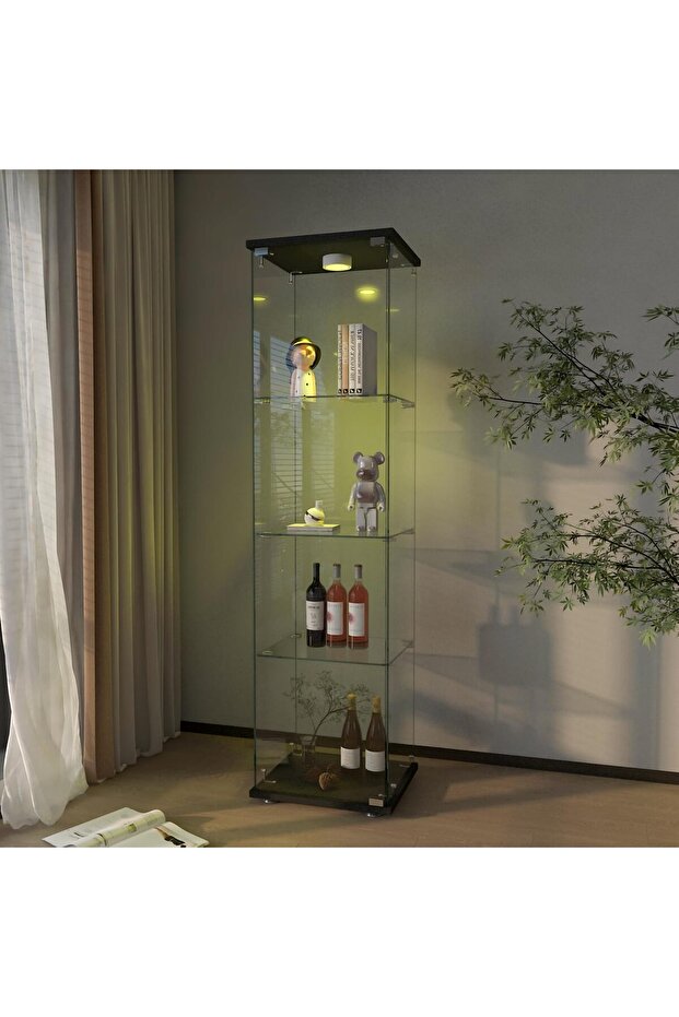 4-Shelf Glass Display Cabinet with LED Lights, 1-Door Floor Standing Curio Cabinet with Universal Wheel for Home or Office, Black Glass Bookshelf for Collections, Decor, and Corner Display