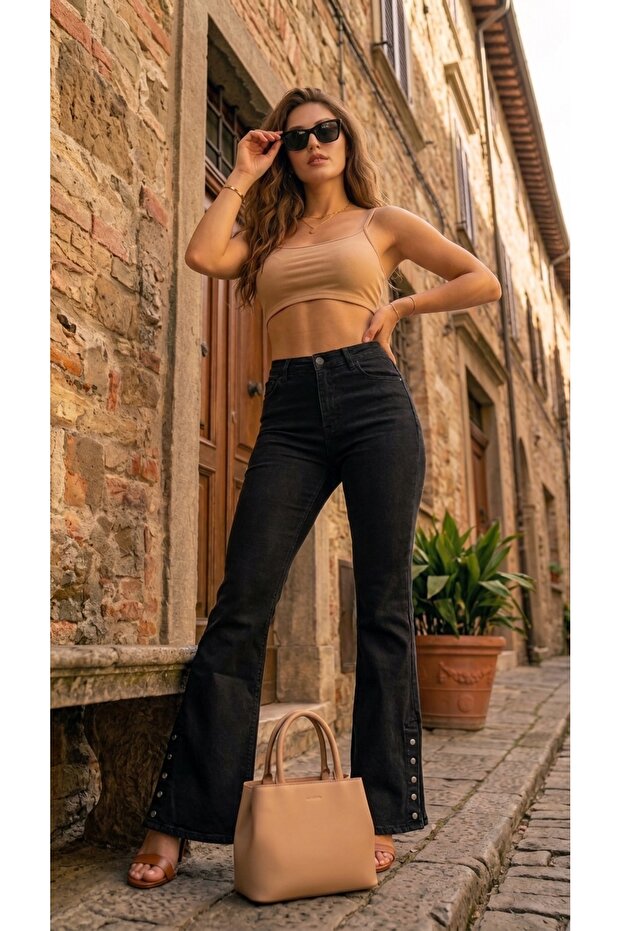 Black Jeans with Spanish-Style Cuffs and Buttons (Slightly Stretchy)