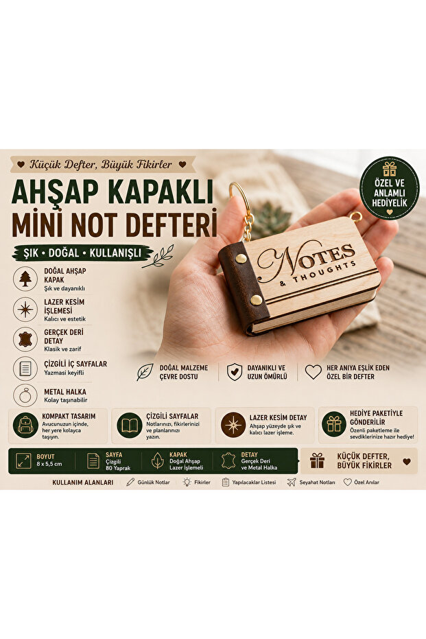 🌿 Mini Notepad with Wooden Cover, Leather Detail, Laser Engraved Gift
