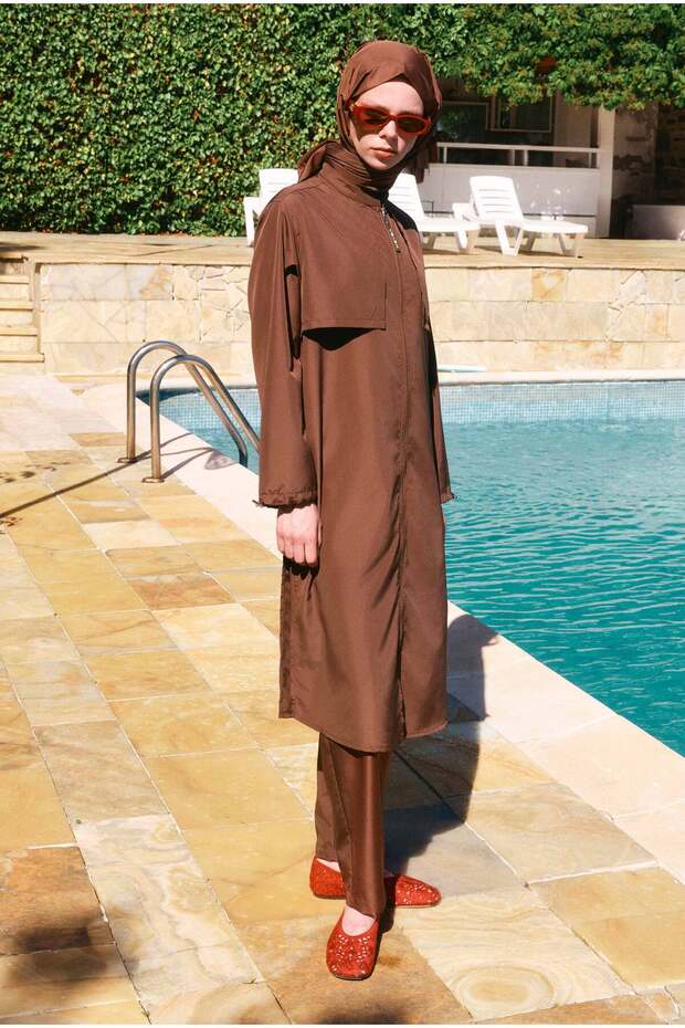 Windbreaker Detailed Long Swimming Suit Brown