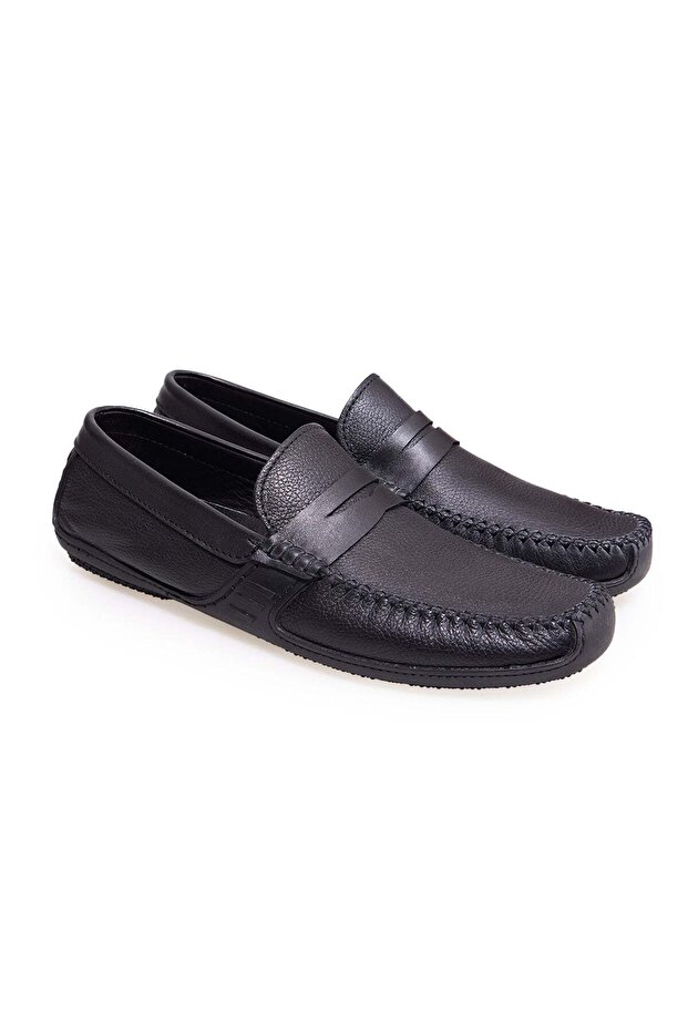 Black Color Laceless Genuine Leather Men's Shoes