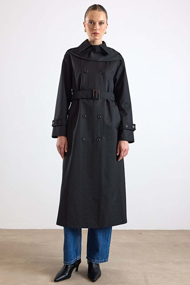 Removable Scarf Water-Repellent Trench Coat Black 6887