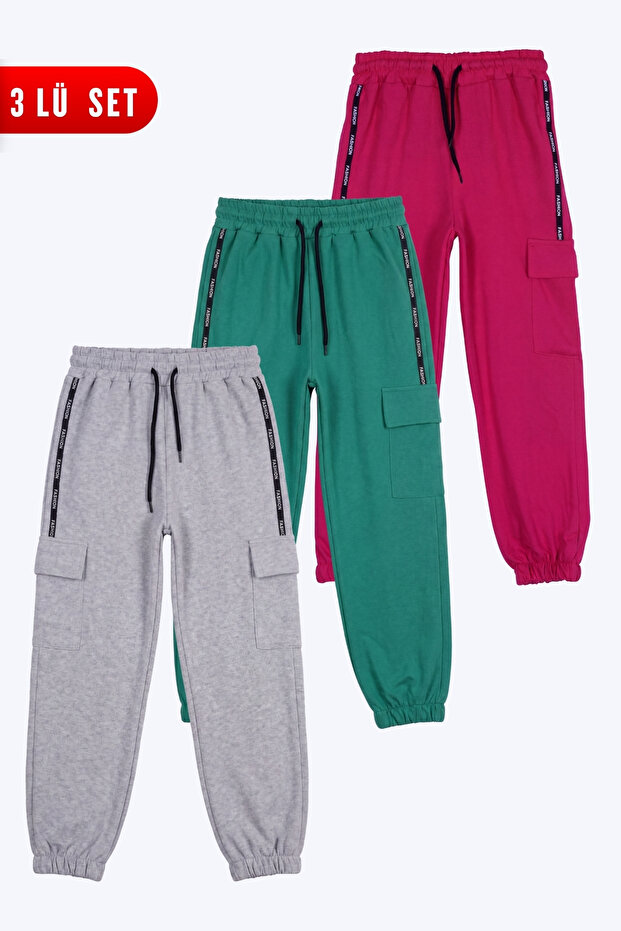 3-Piece Girls' Striped Cargo Pocket Sweatpants