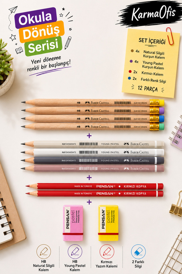 Karmaofis Back to School Pencil Set Set-7 | 12 Pieces | 8 Hb/2B Pencils | 2 Red Pens | 2 Eraser Set