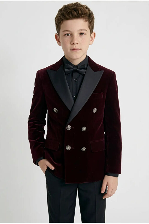 Boy's Velvet Satin Lapel Bow Tie Double-Breasted Groom Jacket