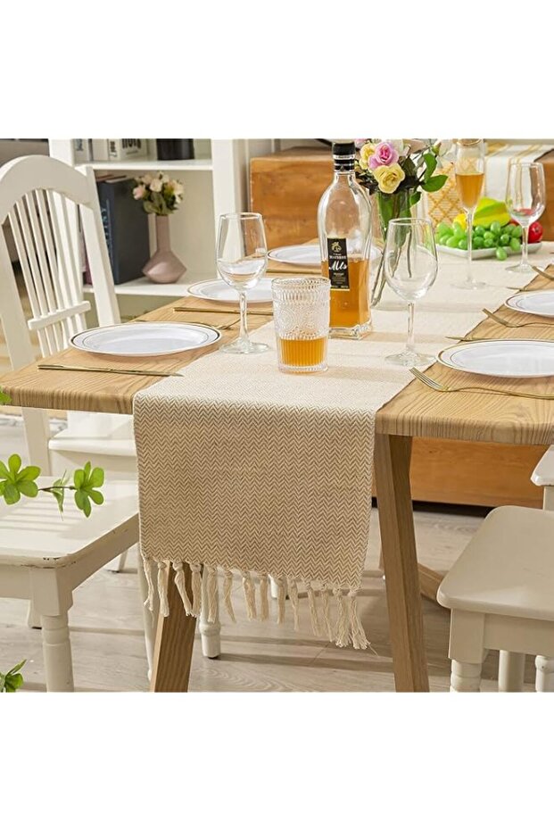 Table Runner, Farmhouse Rustic Linen Table Runner with Handmade Tassel, 13 × 72 Inch Table Decor for Party and Dining Room Decorations
