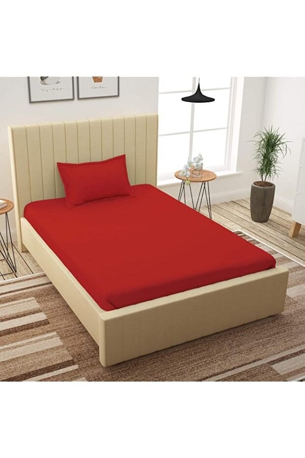 Story@Home Avalon 300TC 100% Cotton Solid Pattern Single Bedsheet with 1 Pillow Cover, Ruby Red