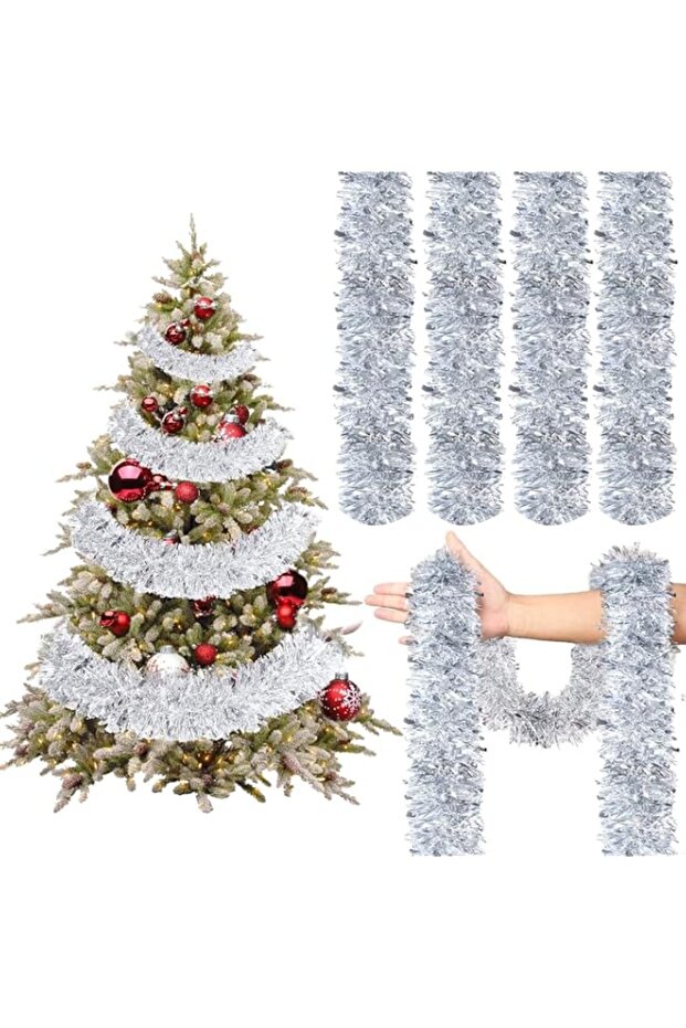 Goldedge Silver Christmas Tinsel Garland - 6 x 8FT Metallic Twist Tinsel Decorations for Tree & Party