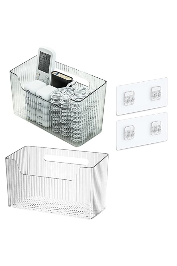 ALMEKAQUZ Storage Organizer Bins Wall Mounted Organizer Basket, Shower Caddy Stackable Clear Plastic Makeup Organizer Adhesive Hanging Bin for Bathroom, Kitchen, Cabinet, Pantry - BPA(2PCS)