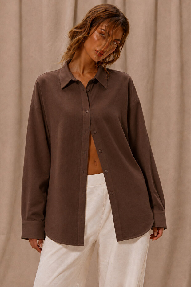 Breathable Regular Muslin Fabric Long Sleeve Collared Men's Shirt - Brown