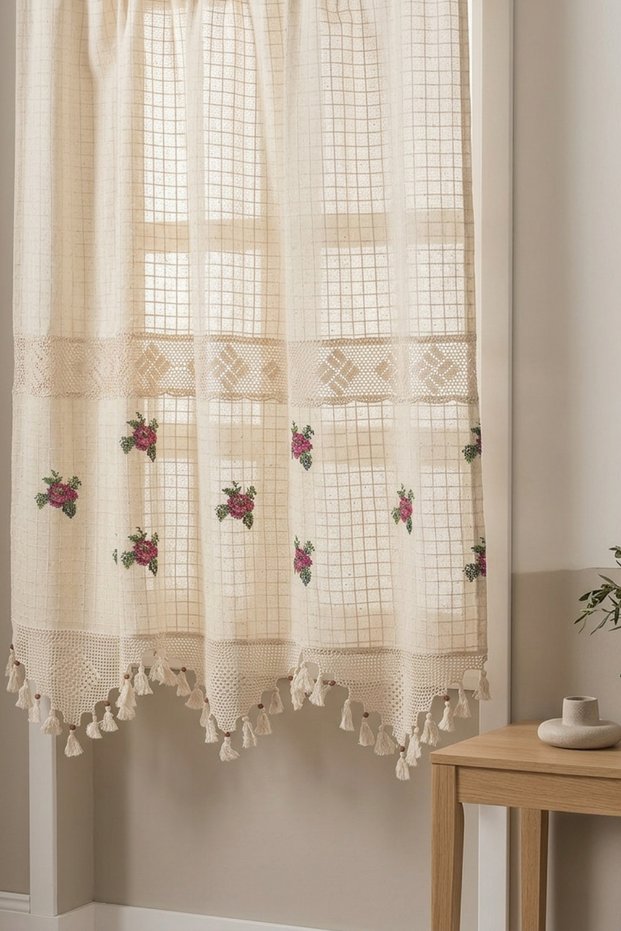 Rose Sprinkled with Rose Embroidery and Cross Stitch, Authentic Lace Detailed Cotton Decorative Curtain