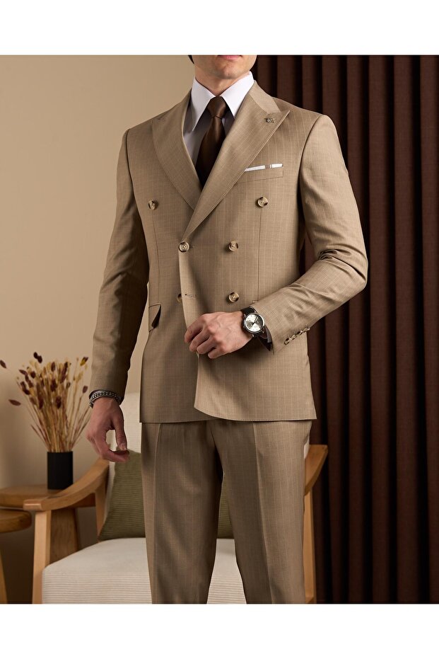 Slim Fit Men's Double-Breasted Pointed Lapel Jacket Pants Suit Camel T20108-11