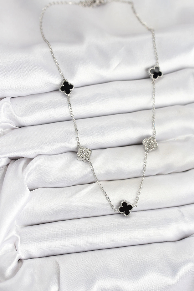316L Steel Chain Silver Color Black and Zircon Stone Baby Boy Clover Women's Necklace
