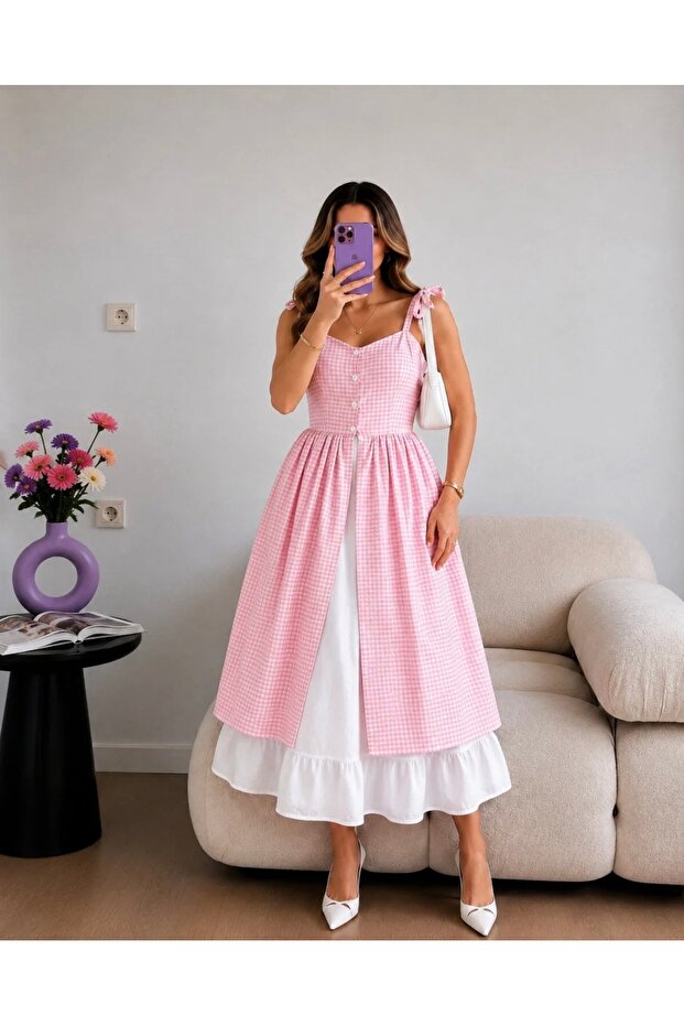 Pink Gingham Strappy Lined Long Dress