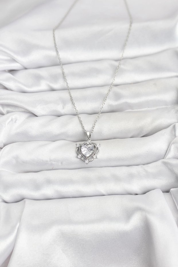 316L Steel Chain Silver Color Heart Model Zircon Stone Women's Necklace