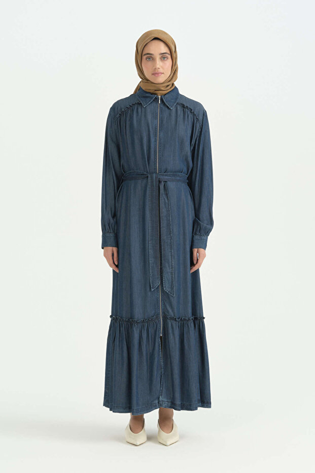 Ruffle Detailed Lyocell Robe - Indigo