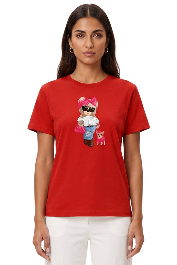 Women's Red Bowknot Teddy Bear and Dog Printed T-Shirt 100% Cotton Comfortable Fit