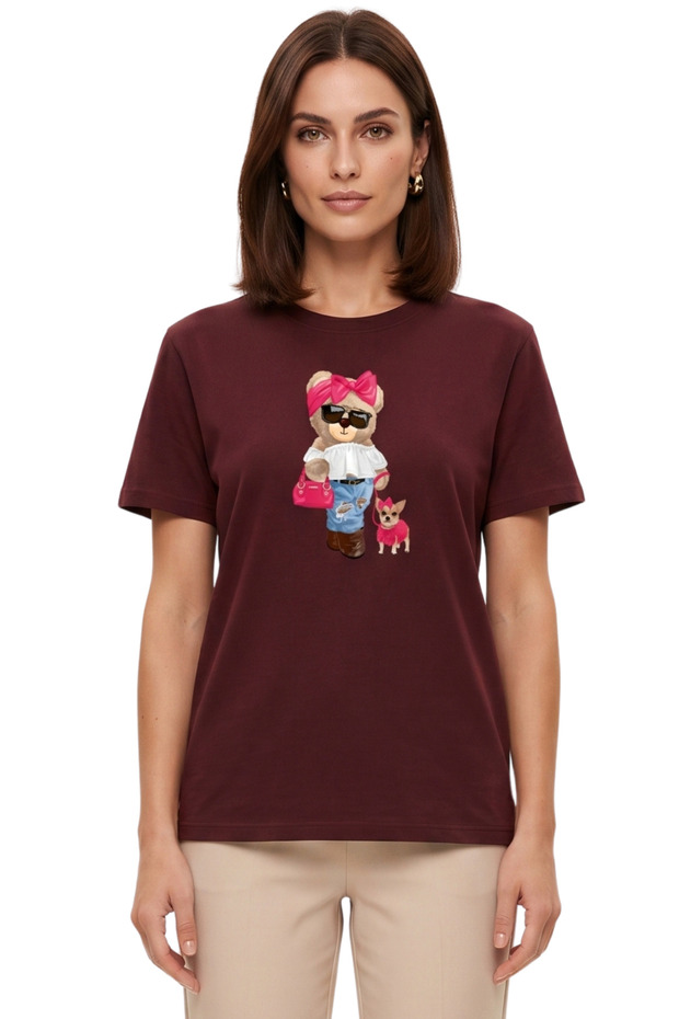Women's Burgundy Bowknot Teddy Bear and Dog Printed T-Shirt 100% Cotton Comfortable Fit