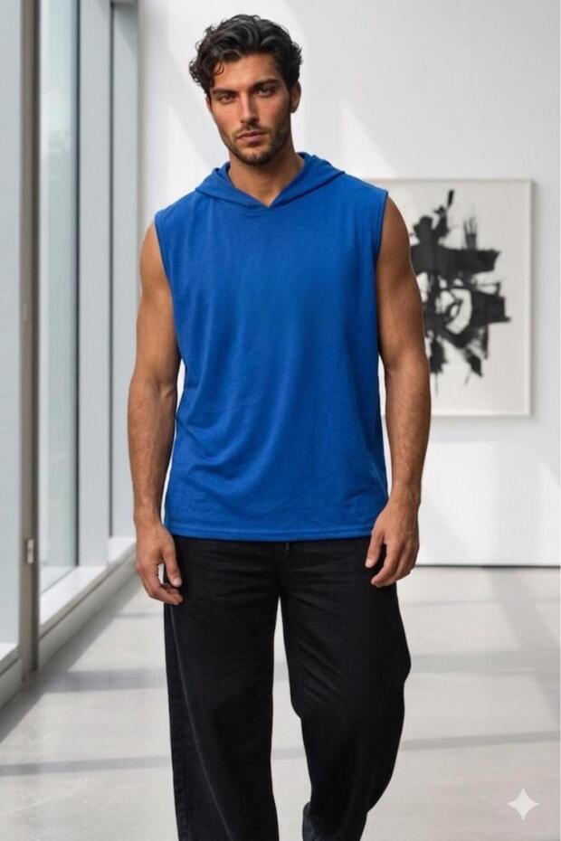 Men's Cobalt Blue Hooded Sleeveless Plain Undershirt
