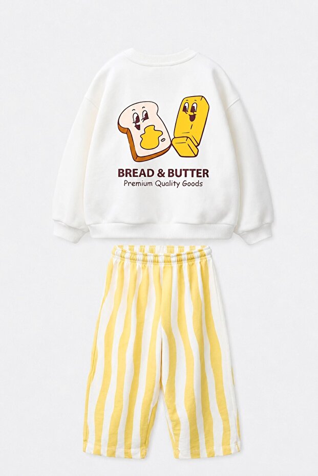 Unisex Kids Printed Ecru Sweatshirt and Yellow Striped Sweatpants Set