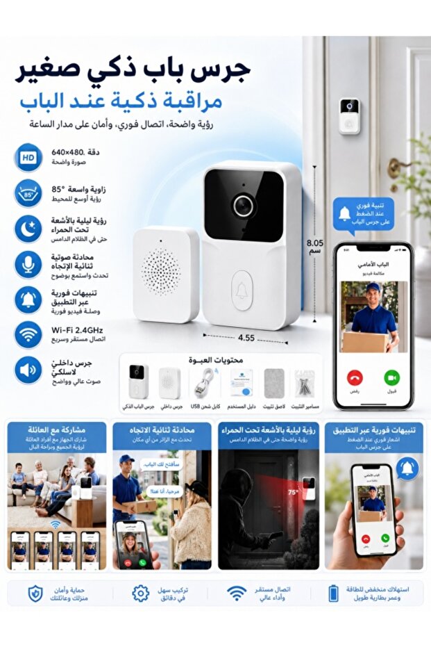 جرس باب ذكي مزود بكاميرا واي فاي - 640×480، 85 ° كاميرا داخلية لاسلكية بزاوية واسعة، صوت ثنائي الاتجاه، رؤية ليلية بالأشعة تحت الحمراء، تحكم عبر التطبيق
