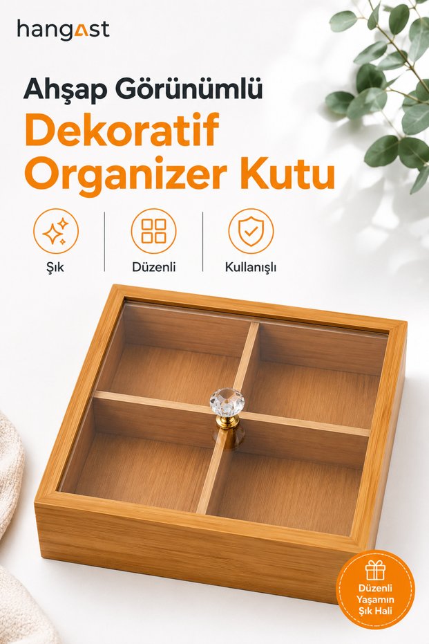 Wooden Look Decorative Organizer Box with 4 Compartments and Lid for Jewelry, Cosmetics, Cookies, Dry Fruits Organizer