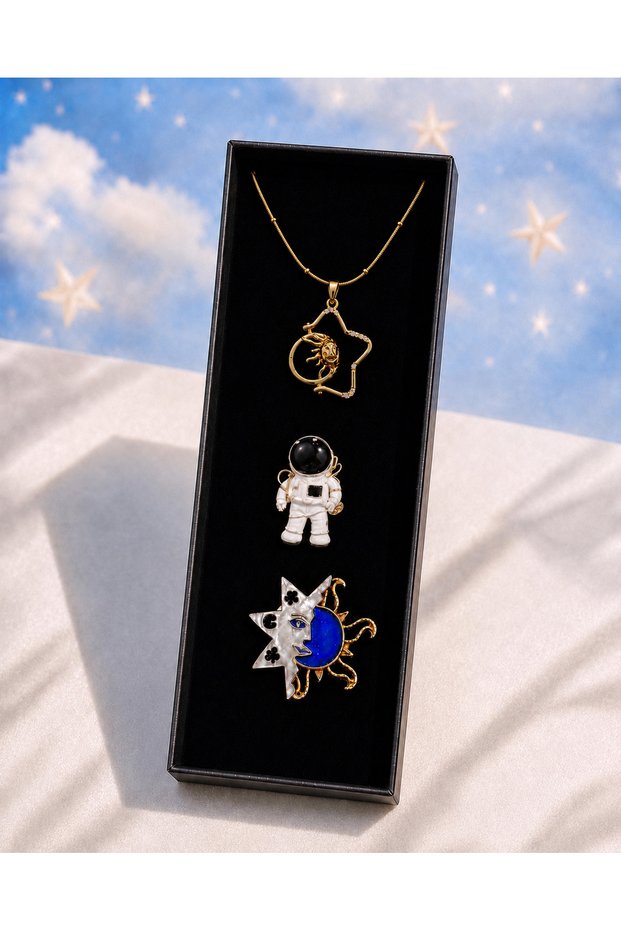 Women's Gold Color Sun Necklace, Astronaut and Sun Moon Brooch 3-Piece Space Themed Jewelry Set