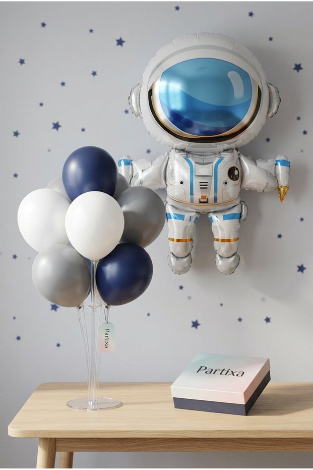 Large Astronaut Balloon Stand Set | Transparent 7-Piece Stand + Large Astronaut Foil Balloon 88×120 cm + 7 Latex Balloons