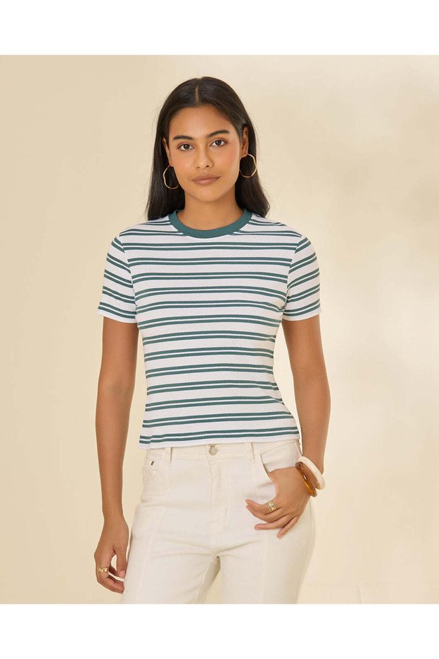 Women Green And White Striped Rib T Shirt