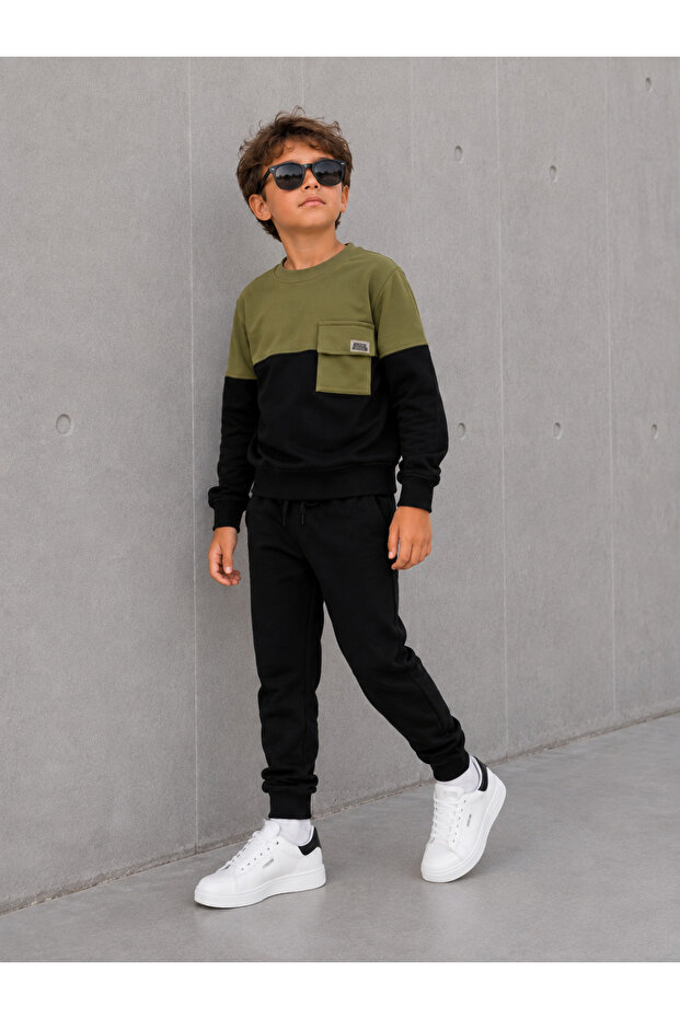 Long Sleeve Crew Neck Two Yarn Fabric Pocket Detailed Boys' Tracksuit Set 2 Piece Bottom - Top Set