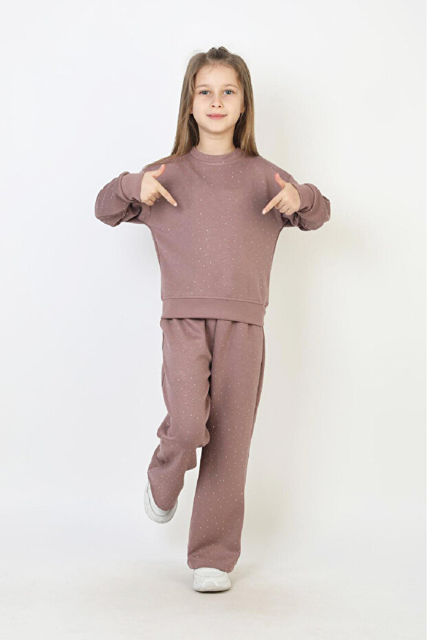 Girl's Stone Decorated+Double Face Fabric Top and Bottom Set 12758Blt