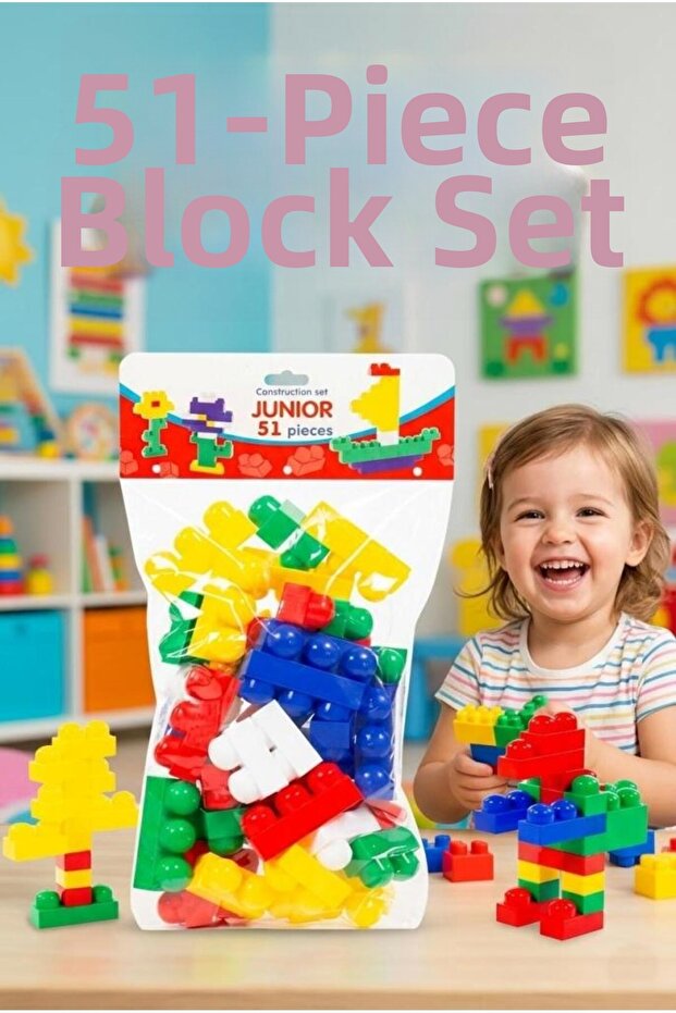 Junior Block Design Set! 51-Piece Colorful Educational Brick Building Toy Set