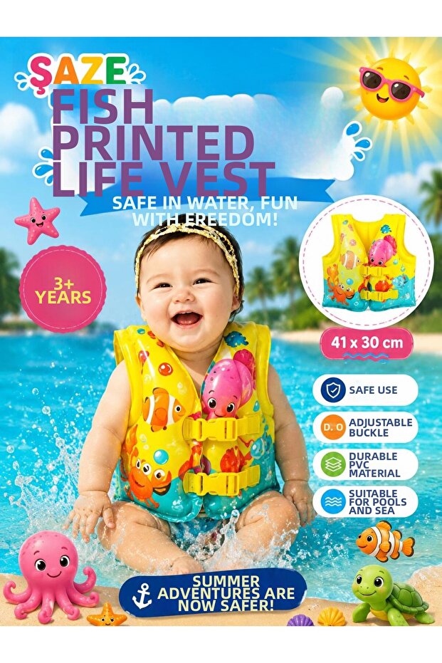 Fish Pattern Printed Children's Life Vest 41X30 cm Yellow Life Vest for Ages 3+ Pool Life Vest