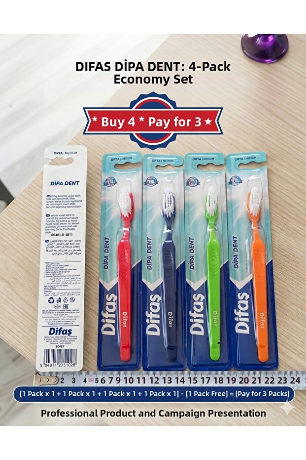 Toothbrush Difash Dipa Dent Medium Hard 3 + 1 Total 4 Pcs