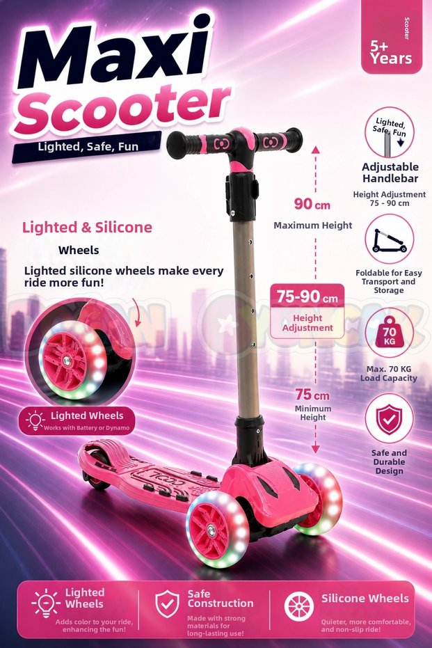 Pink Maxi Lighted 3-Wheel Foldable Scooter 6+ - Scooter - Children's Scooter Large Scooter