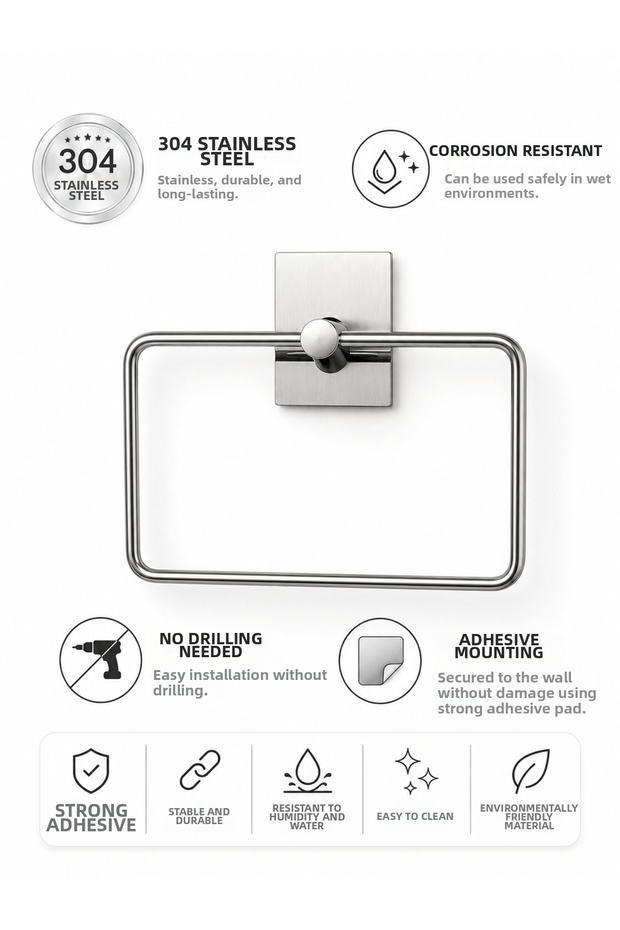 Chrome Towel Holder 304 Stainless Steel |   Strong Adhesive Bathroom Towel Holder