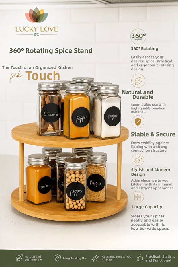 Bamboo Luxury 360 ° Rotating 2-Tier Spice Rack Organizer, Presentation Stand, Organizer, Tiered Stand