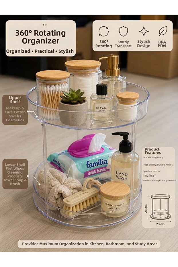 Premium Transparent Rotating Organizer 2 Tiers 360 ° Rotating Organizer Shelf – Kitchen Bathroom Cosmetics